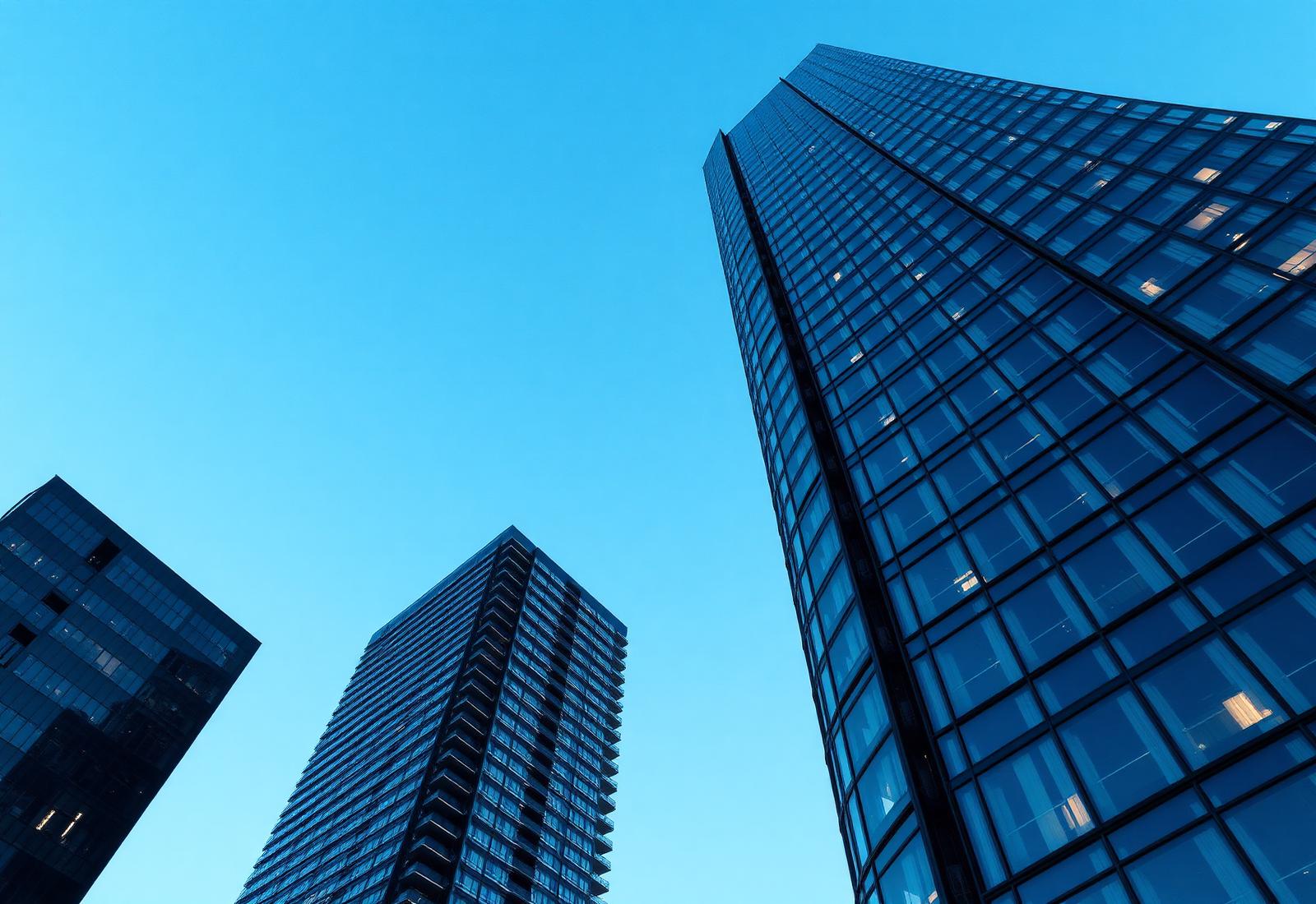 Modern glass condo towers rising into a clear blue sky