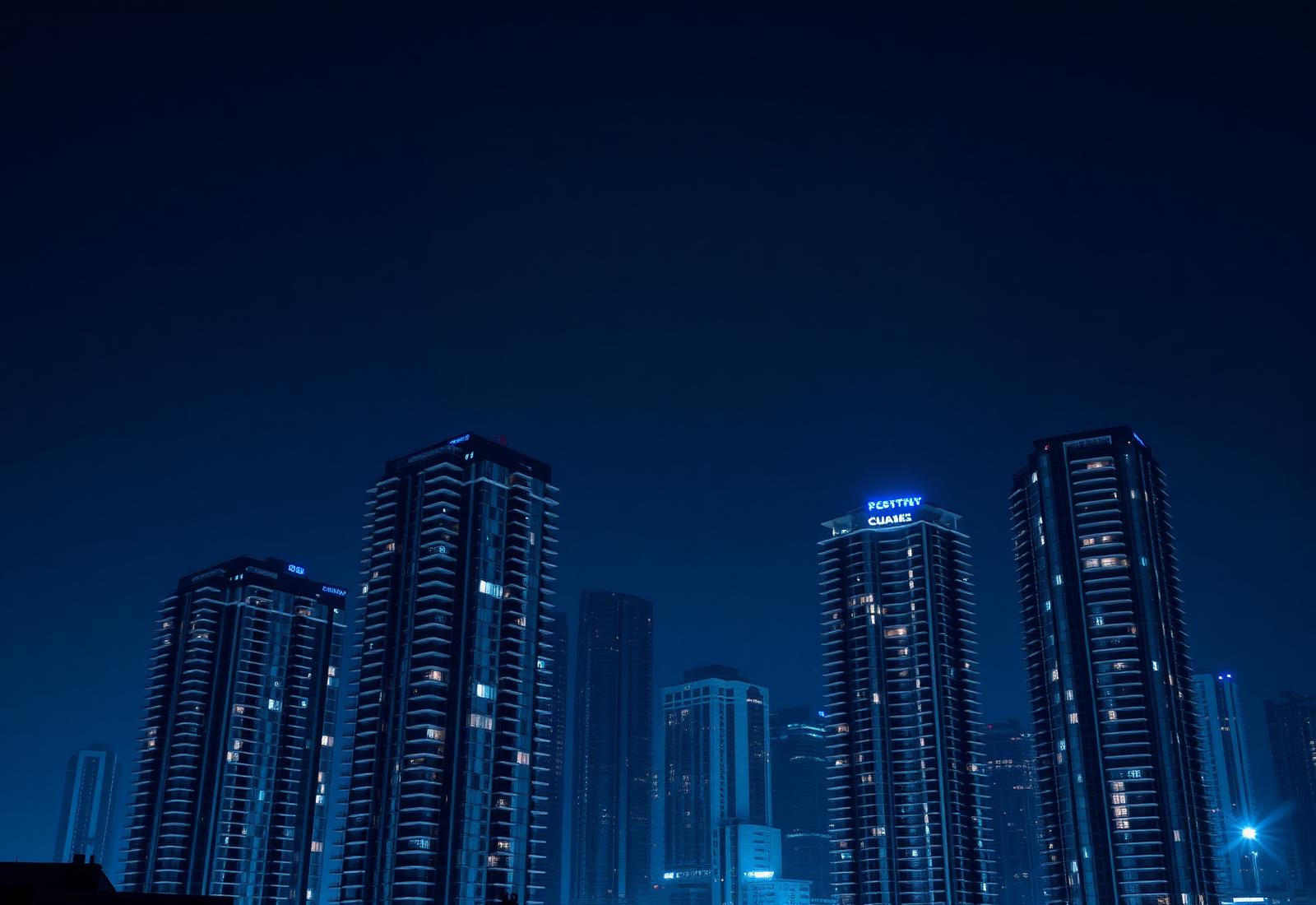 Pre-construction condo towers lit at night in the Greater Toronto Area